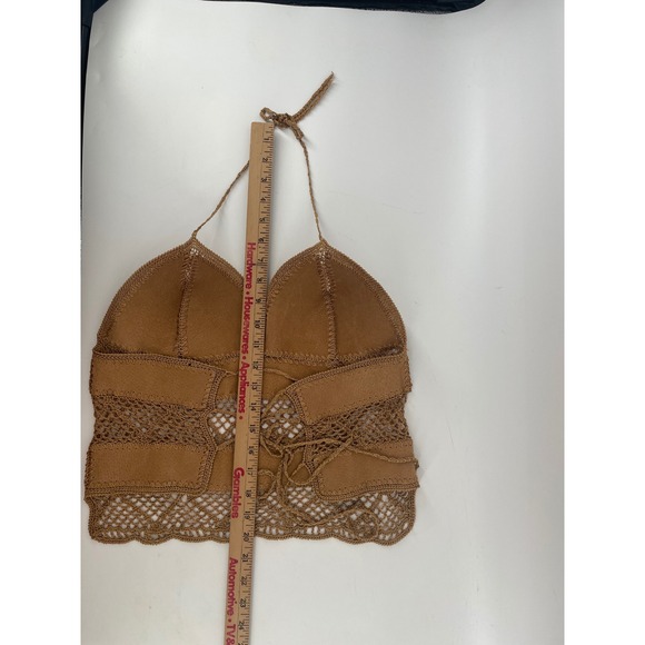 Western Boho Halter Top Womens Medium Tan Leather Crochet Lace Up Back Festival - Picture 7 of 9